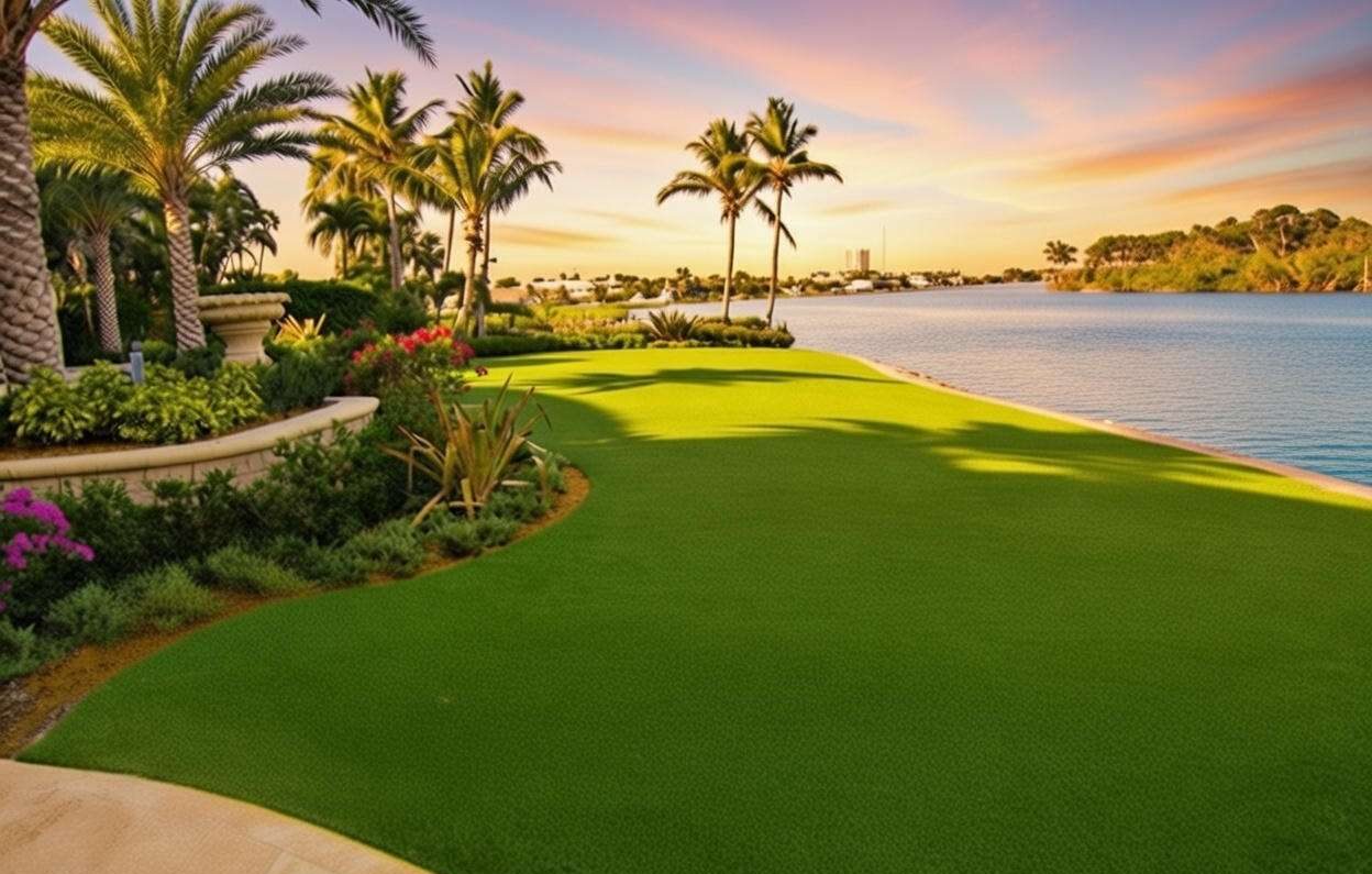 Waterfront synthetic turf lawn in St. Petersburg, FL, with palm trees, tropical plants, and sunset sky over blue water.