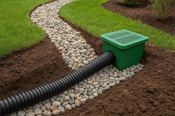 A professionally installed French drain system featuring a perforated corrugated pipe surrounded by river rocks, leading into a green catch basin for efficient water collection and redirection in a lush green lawn.