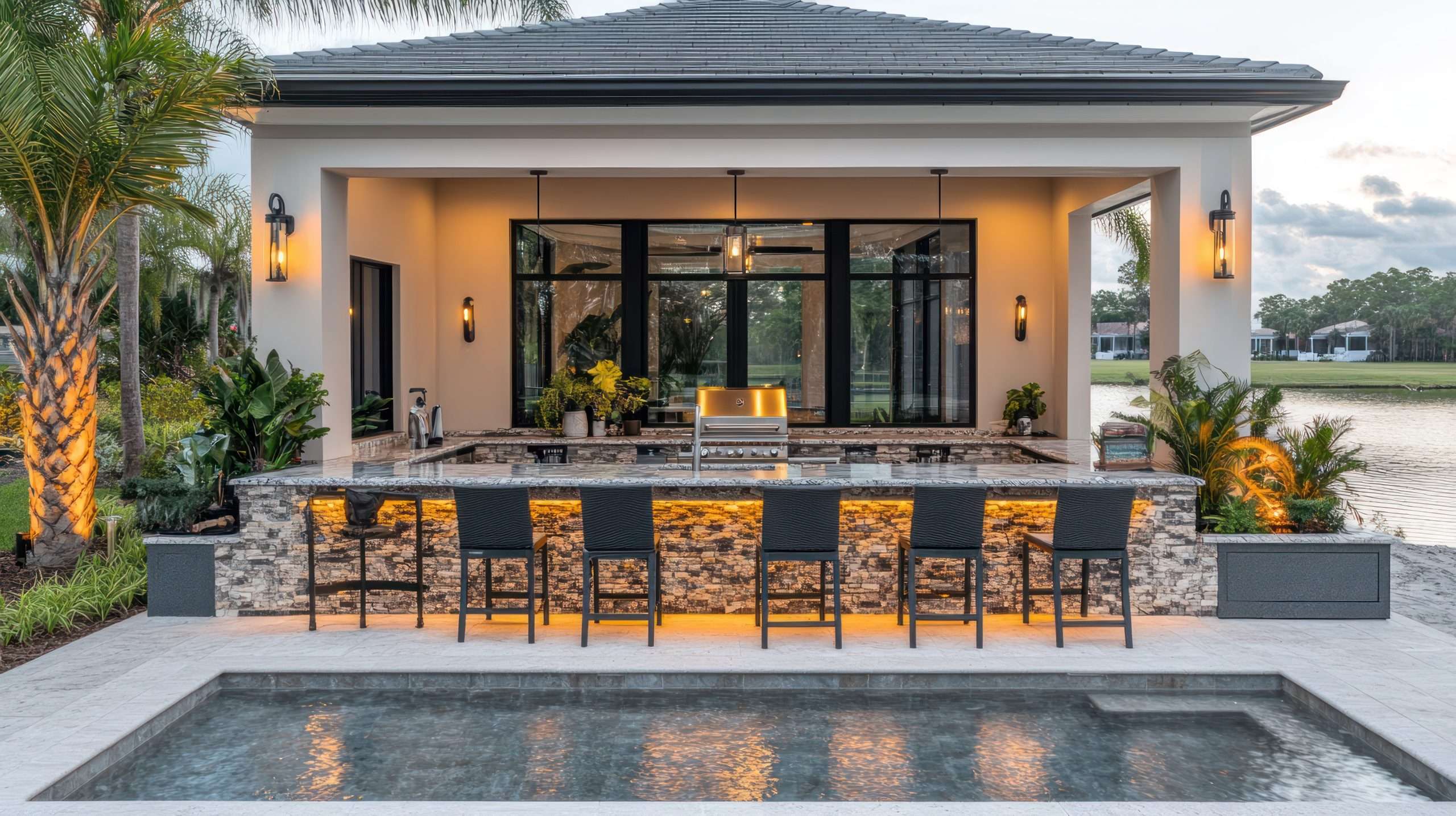 Transform your St. Petersburg backyard into a year-round entertaining hub with this custom outdoor kitchen design. Featuring weather-resistant granite countertops, built-in grills, and ambient lighting, ideal for Florida's sunny climate and coastal vibes. Perfect for BBQs, al fresco dining, and family gatherings.