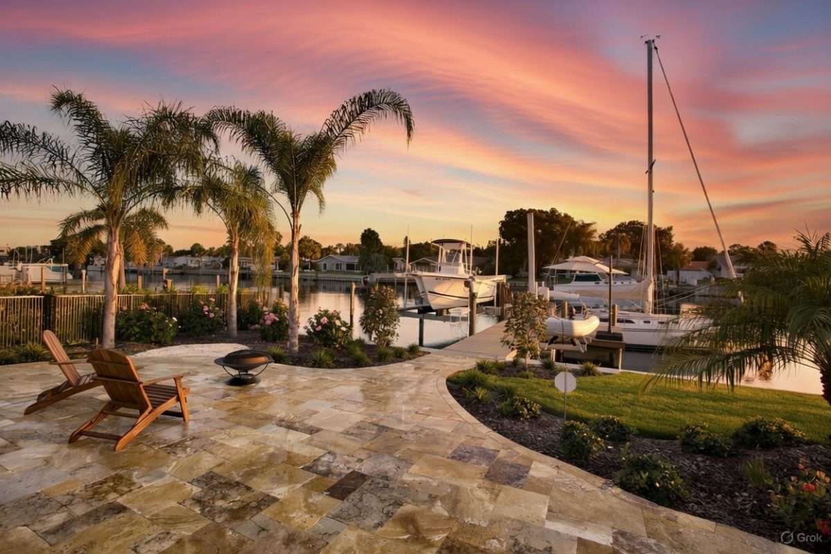 Luxury Waterfront Travertine Patio & Landscape Design in St. Petersburg, Florida – Sunset Dock Views