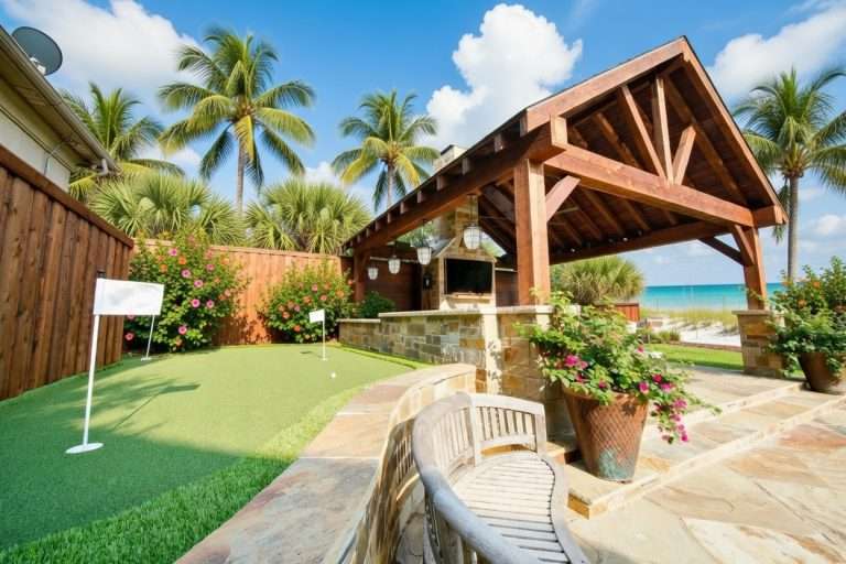 Backyard hardscape featuring a wooden pergola, custom putting green, stone patio, and tropical Florida plants with beach views in Madeira Beach, FL
