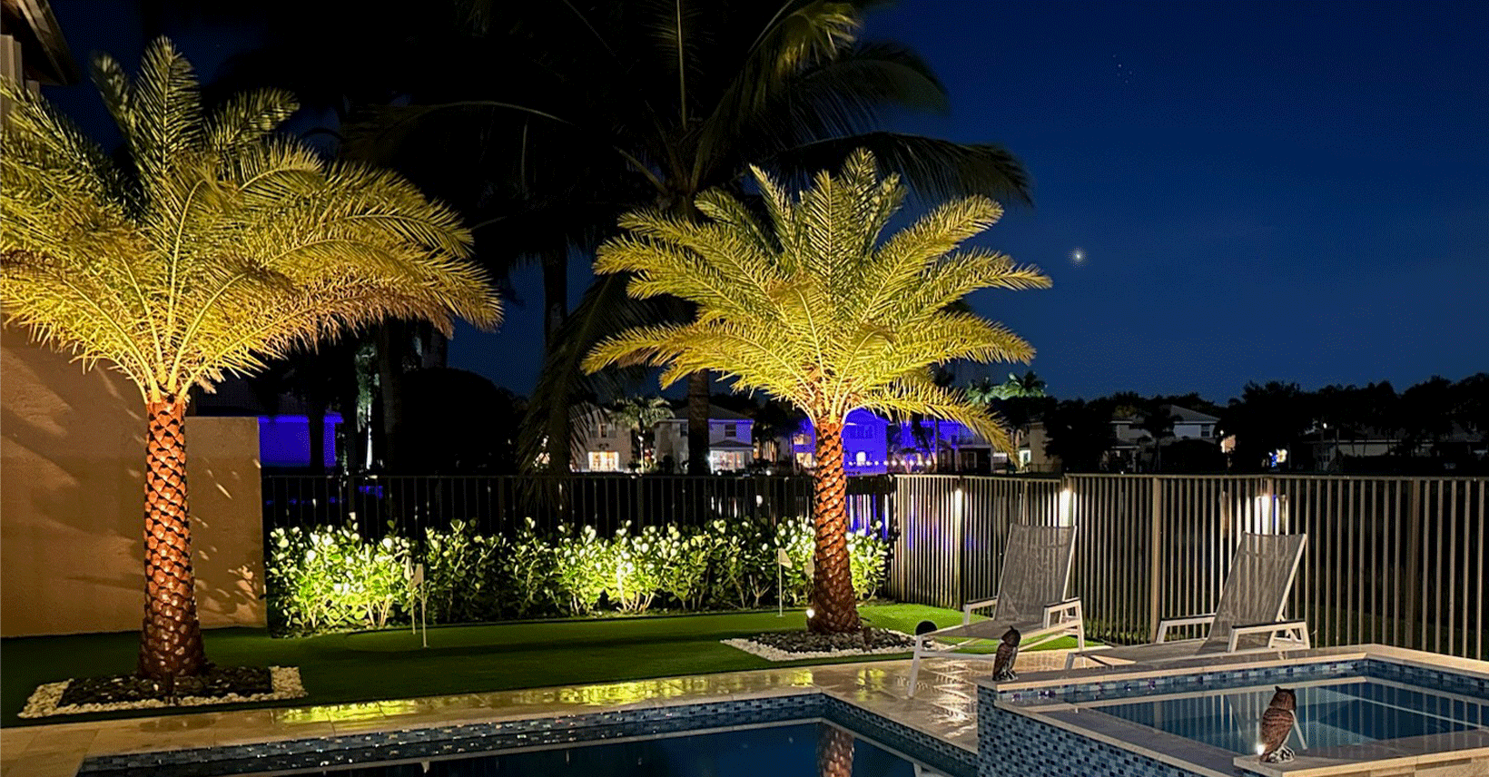 Beautiful landscape downlighting from palm trees illuminating a synthetic putting green and swimming pool at night