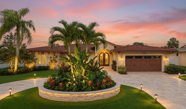 Luxury front yard landscape lighting, paver driveway, and central circular stone planter with palm trees during sunset in St. Petersburg, FL.