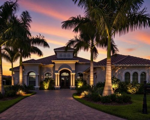 Nighttime view of a St. Petersburg, FL home with landscape lighting illuminating palm trees, driveway, and architectural features under a deep blue sky.