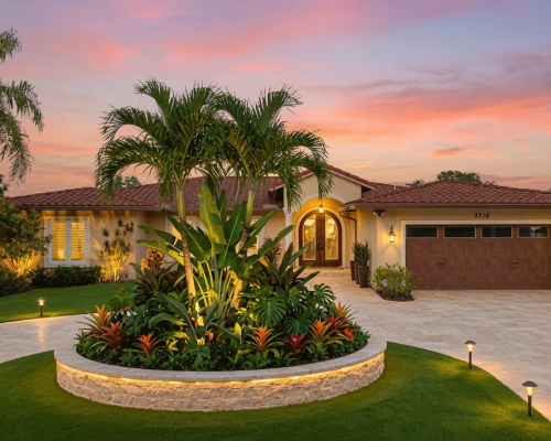 Luxury front yard landscape lighting, paver driveway, and central circular stone planter with palm trees during sunset in St. Petersburg, FL.