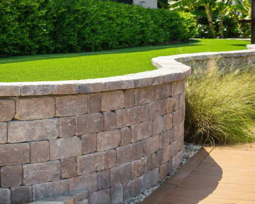 Luxury waterfront landscape architecture in Clearwater featuring a travertine pool deck, custom gas fire pit, and architectural palm tree lighting.